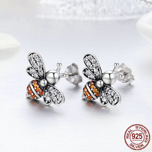 Sterling Silver Orange Bee CZ Stud Earrings