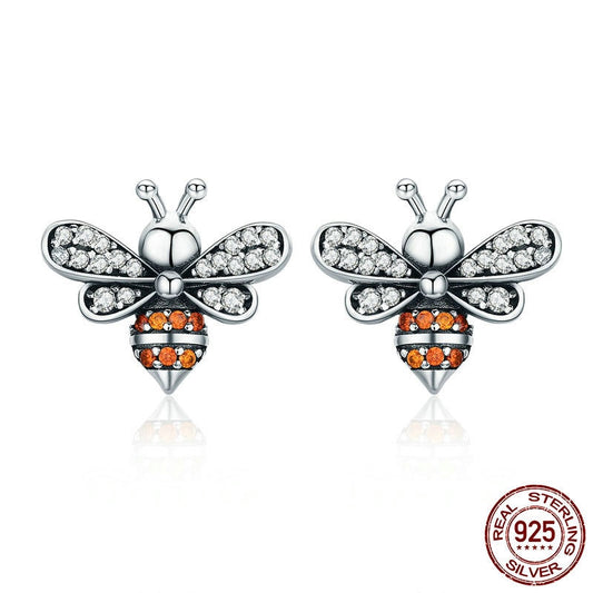 Sterling Silver Orange Bee CZ Stud Earrings