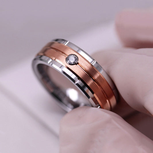 Rose Gold Titanium Ring With Crystal Inlay